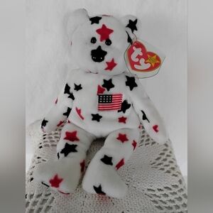 Ty White Plush Bear with Red and Black Stars